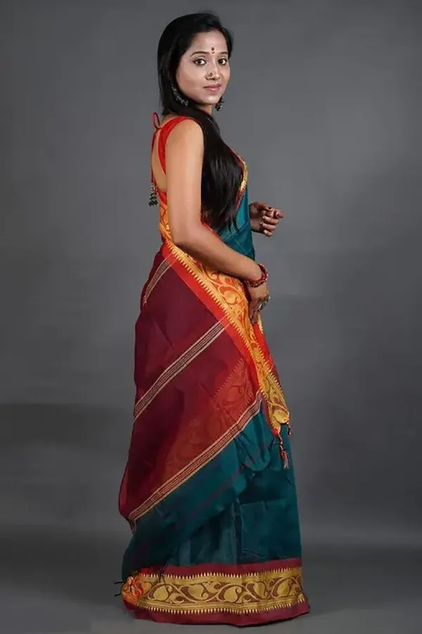 Teal_Green_Cotton_Silk_Handloom_Woven_Saree_For_Women