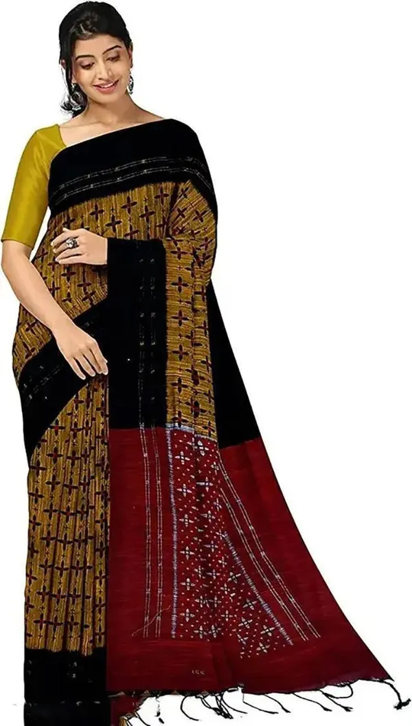 Yellow_&_Maroon_Viscose_Rayon_Sambalpuri_Printed_Saree_For_Women