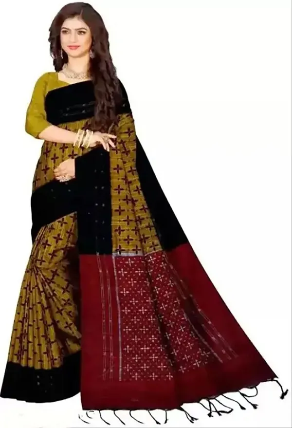 Yellow_&_Maroon_Viscose_Rayon_Sambalpuri_Printed_Saree_For_Women
