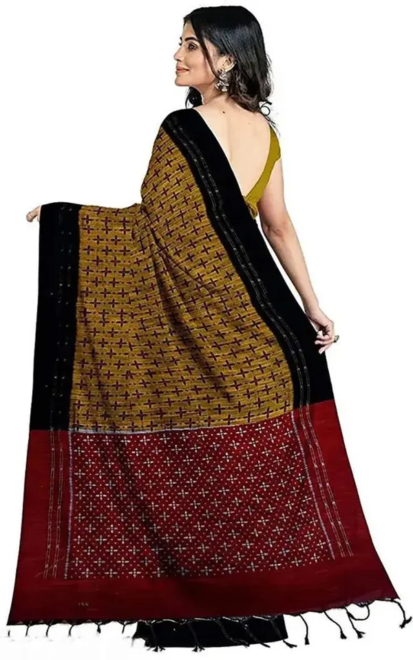 Yellow_&_Maroon_Viscose_Rayon_Sambalpuri_Printed_Saree_For_Women