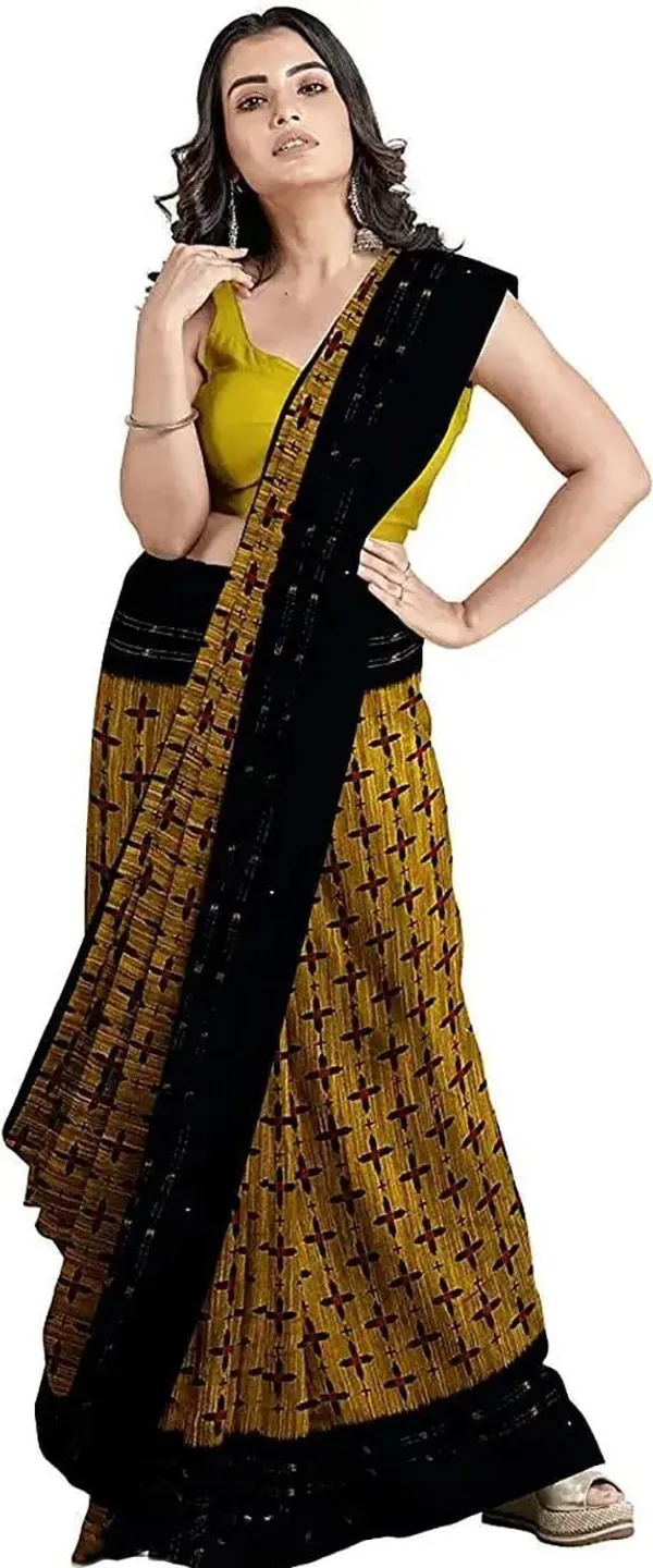Yellow_&_Maroon_Viscose_Rayon_Sambalpuri_Printed_Saree_For_Women