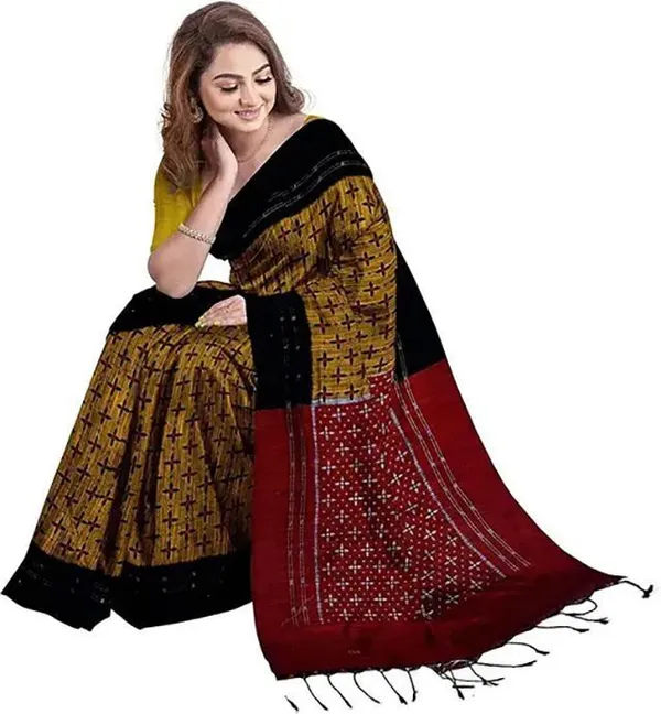 Yellow_&_Maroon_Viscose_Rayon_Sambalpuri_Printed_Saree_For_Women