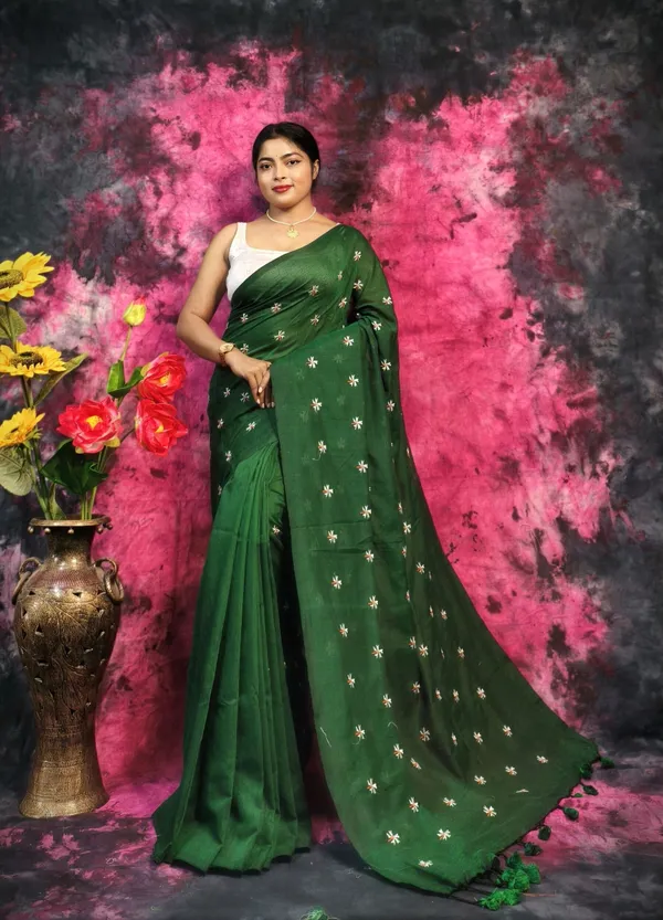 Bottle_Green_Khadi_Handloom_Embroidered_Saree_For_Women