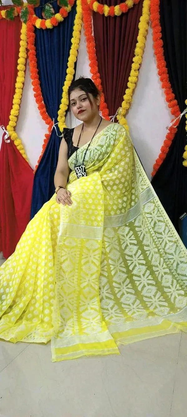 Yellow_Cotton_Silk_Jamdani_Self_Design_Saree_For_Women