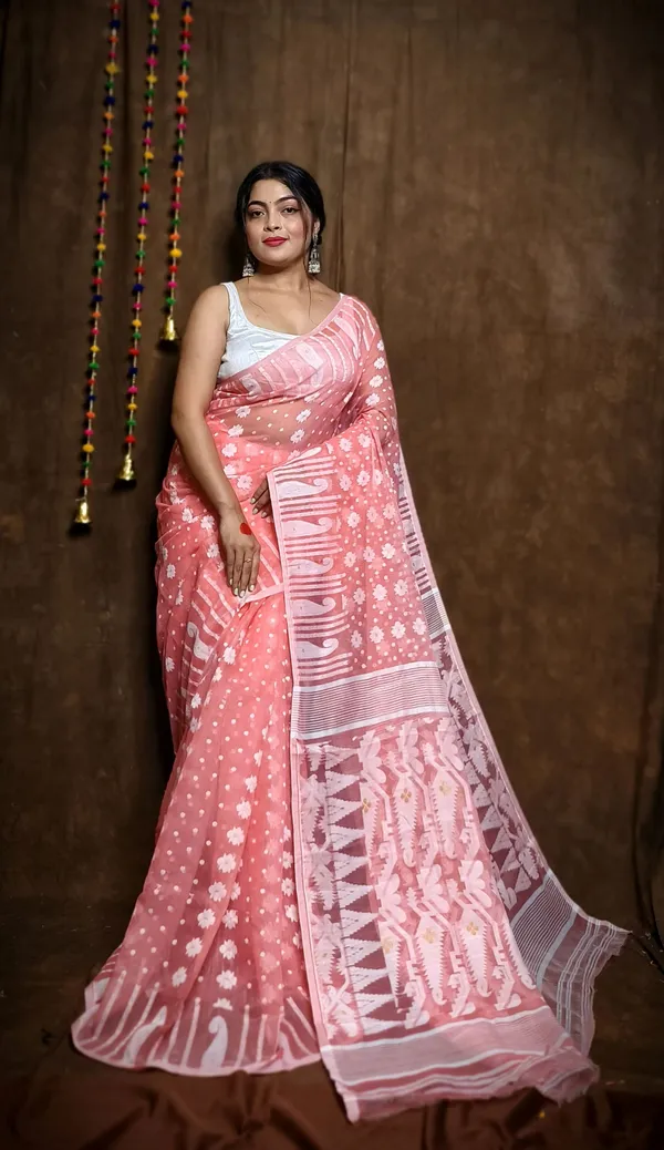 Light_Salmon_Cotton_Linen_Jamdani_Self_Design_Saree_For_Women