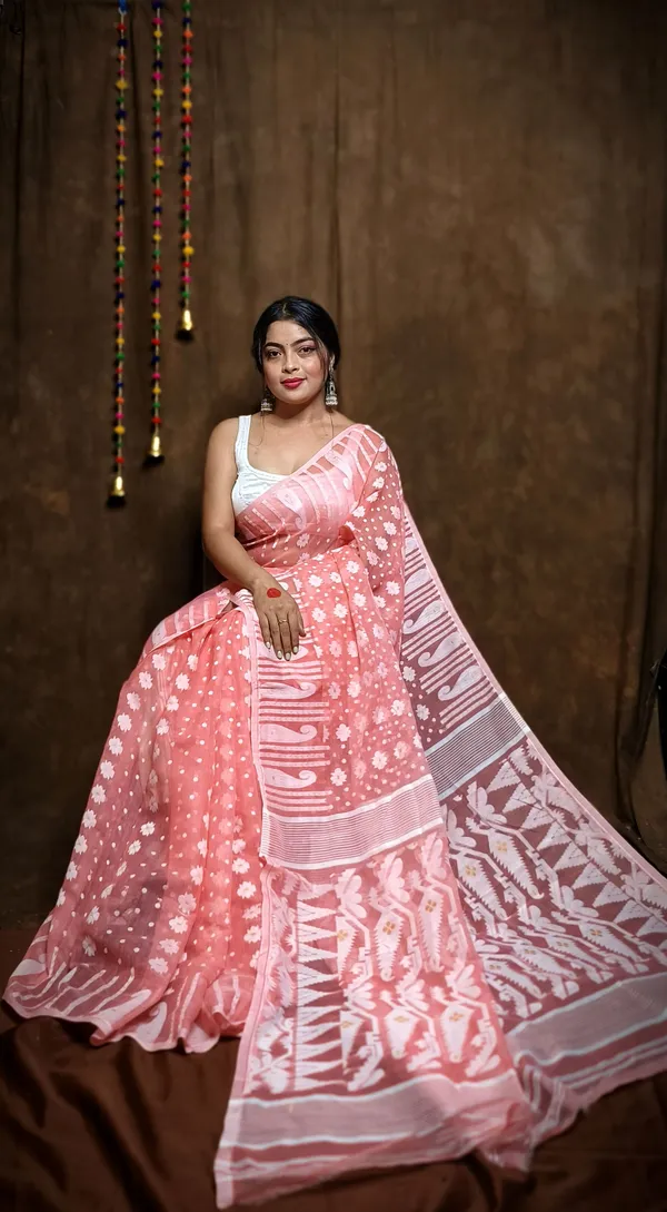 Light_Salmon_Cotton_Linen_Jamdani_Self_Design_Saree_For_Women