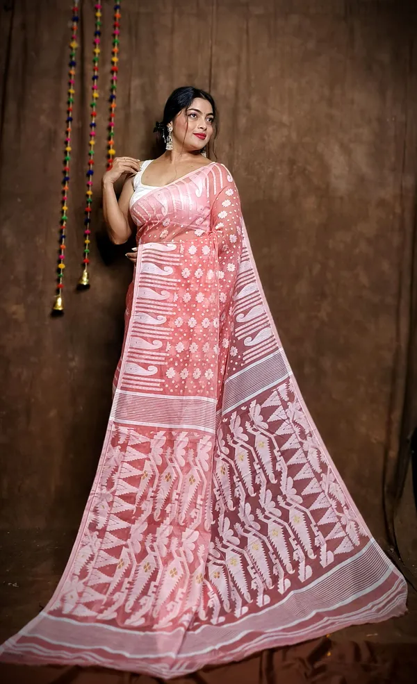 Light_Salmon_Cotton_Linen_Jamdani_Self_Design_Saree_For_Women