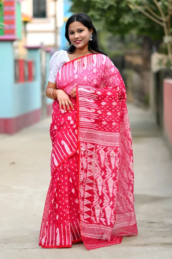 Red_Pink_Cotton_Linen_Jamdani_Printed_Saree_For_Women