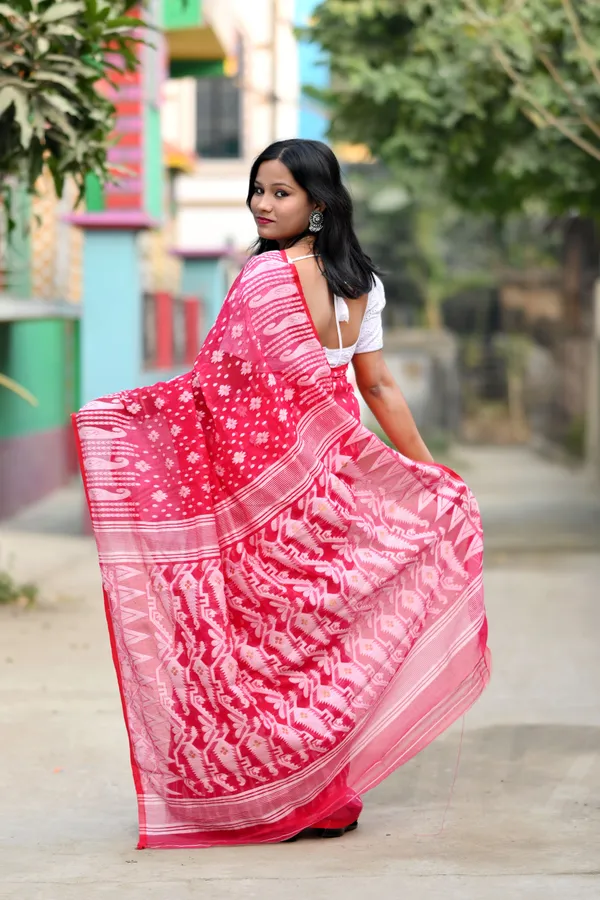 Red_Pink_Cotton_Linen_Jamdani_Printed_Saree_For_Women