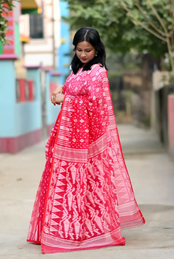 Red_Pink_Cotton_Linen_Jamdani_Printed_Saree_For_Women