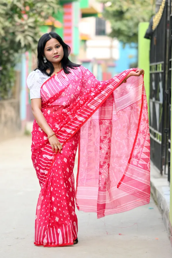 Red_Pink_Cotton_Linen_Jamdani_Printed_Saree_For_Women