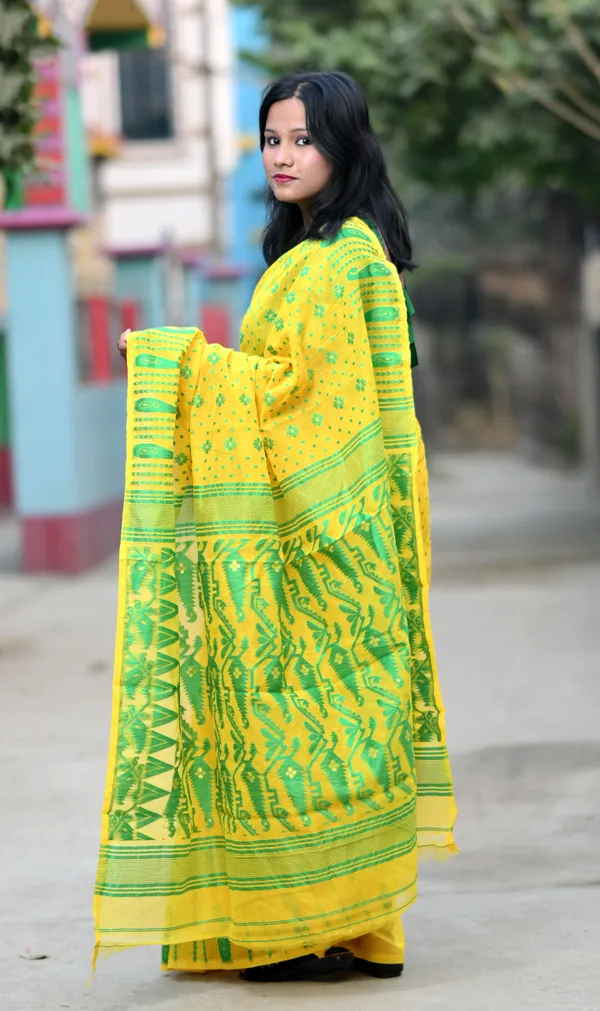 Yellow_&_Green_Cotton_Linen_Jamdani_Self_Design_Saree_For_Women