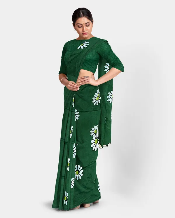 Bottle_Green_Pure_Cotton_Handloom_Printed_Saree_For_Women