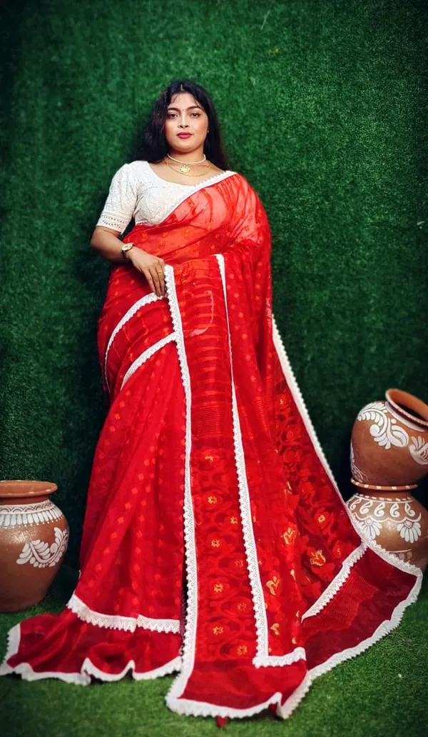 Red_Cotton_Silk_Jamdani_Embellished_Saree_For_Women