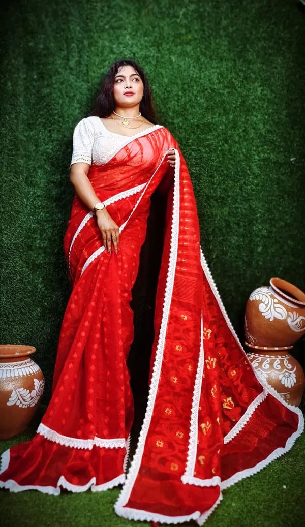 Red_Cotton_Silk_Jamdani_Embellished_Saree_For_Women