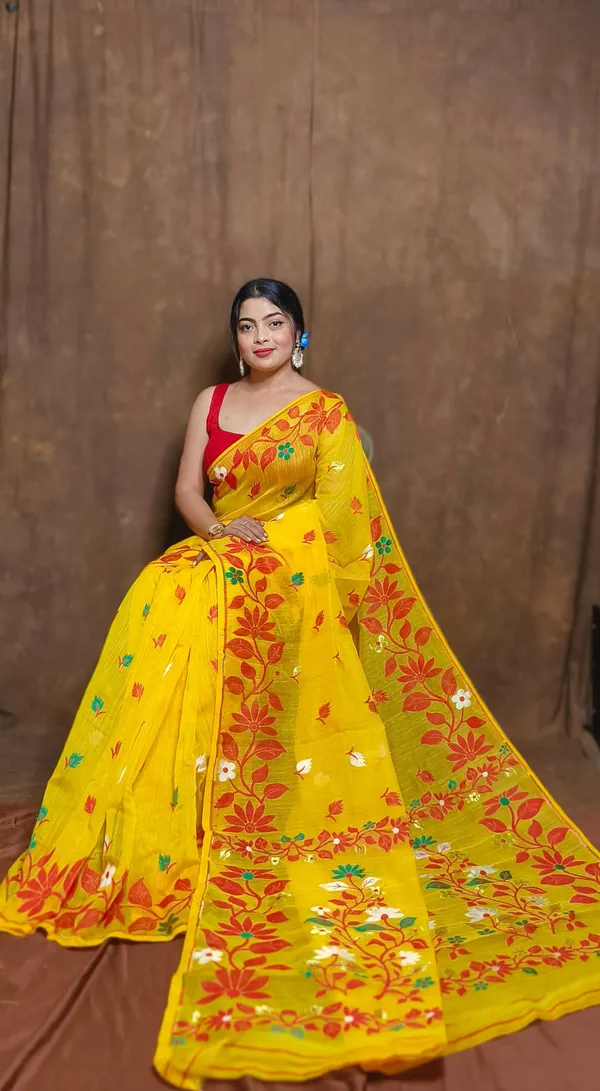 Yellow_&_Red_Cotton_Silk_Jamdani_Woven_Saree_For_Women