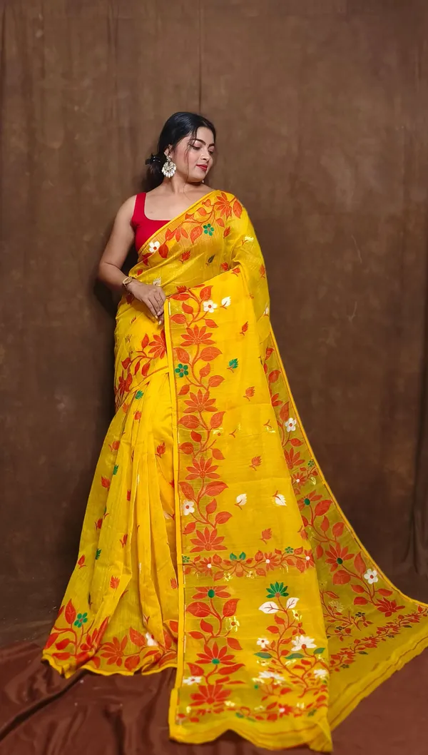 Yellow_&_Red_Cotton_Silk_Jamdani_Woven_Saree_For_Women