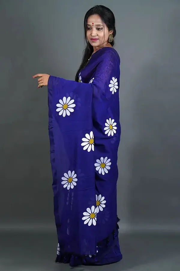 Navy_Blue_Cotton_Blend_Handloom_Floral_Print_Saree_For_Women