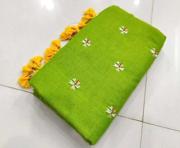 Light_Green_Pure_Cotton_Handloom_Floral_Embroidery_Saree_For_Women