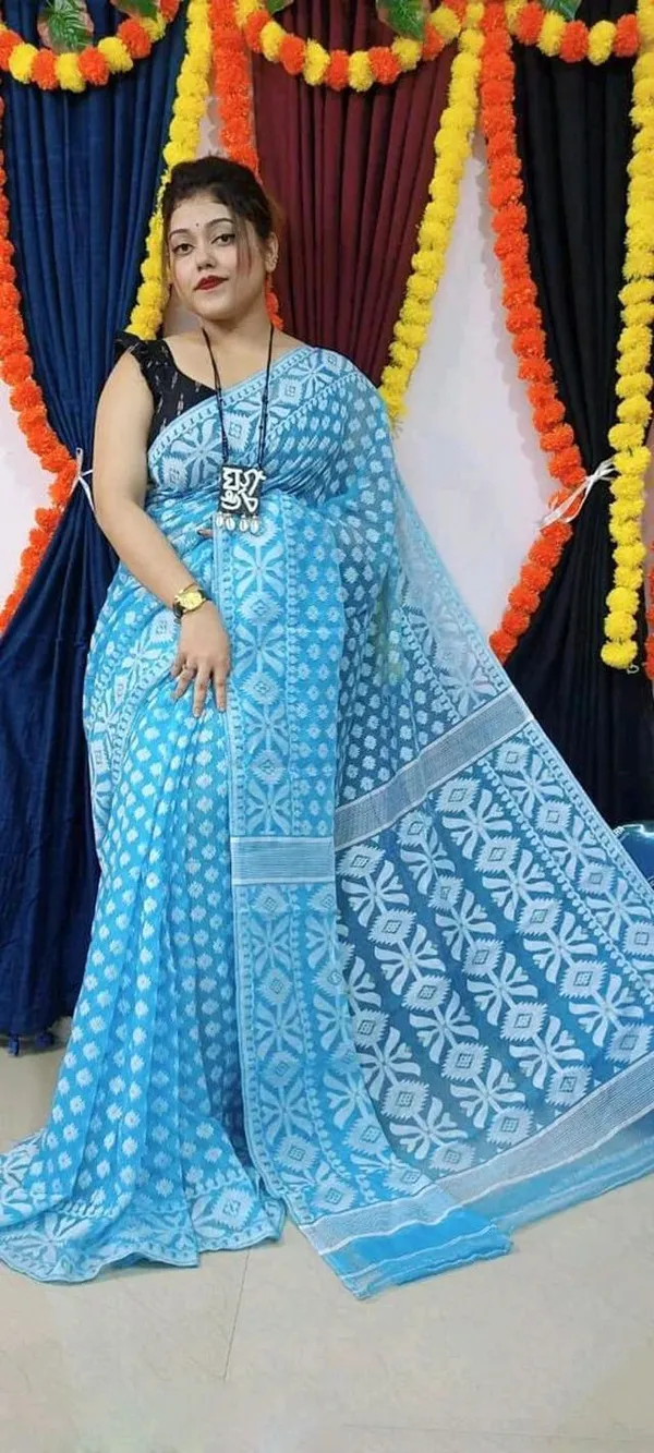 Blue_Cotton_Silk_Jamdani_Self_Design_Saree_For_Women