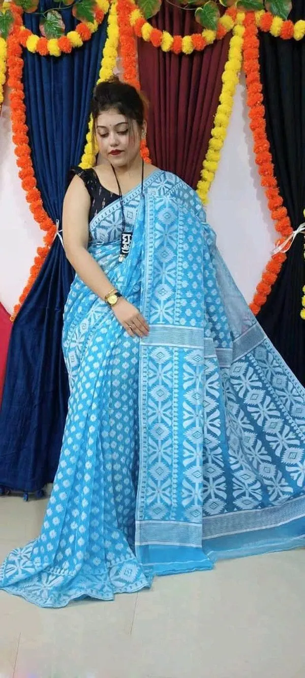 Blue_Cotton_Silk_Jamdani_Self_Design_Saree_For_Women