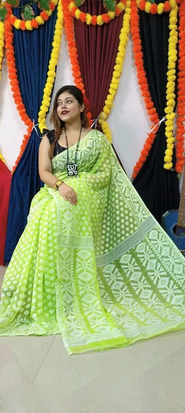 Green_Cotton_Silk_Jamdani_Printed_Saree_For_Women