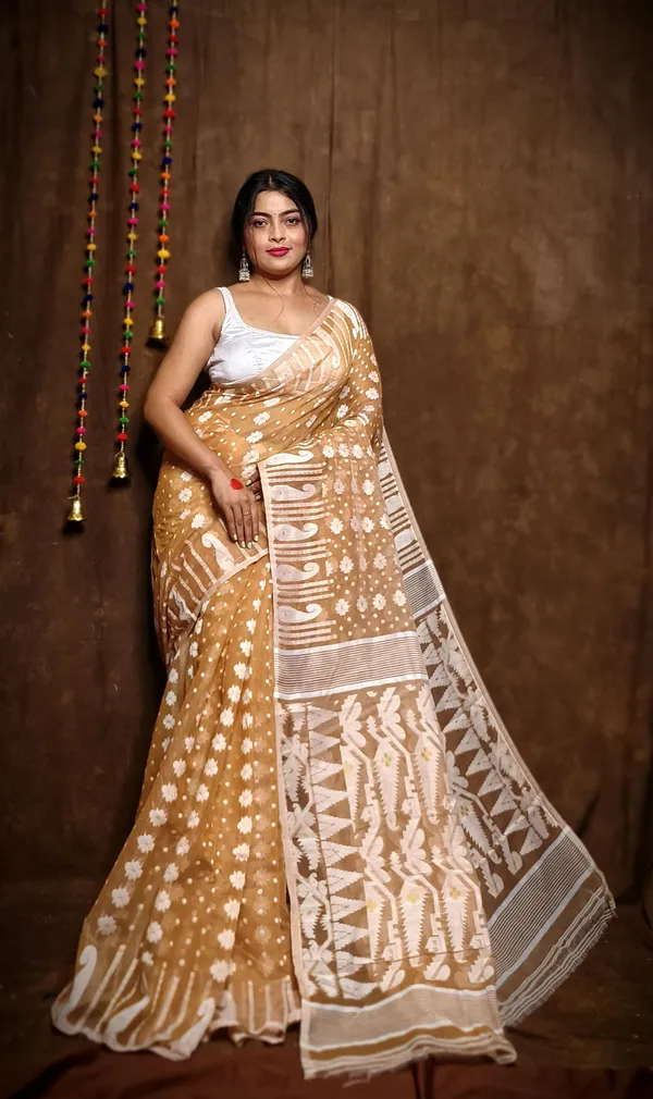 Khaki_Cotton_Linen_Jamdani_Self_Design_Saree_For_Women