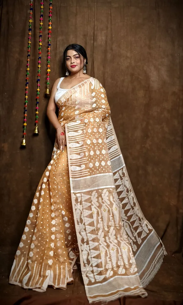 Khaki_Cotton_Linen_Jamdani_Self_Design_Saree_For_Women