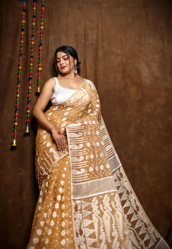 Khaki_Cotton_Linen_Jamdani_Self_Design_Saree_For_Women