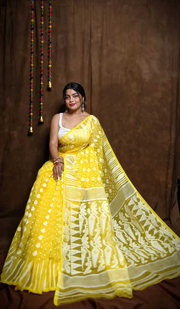 Yellow_Cotton_Linen_Jamdani_Self_Design_Saree_For_Women