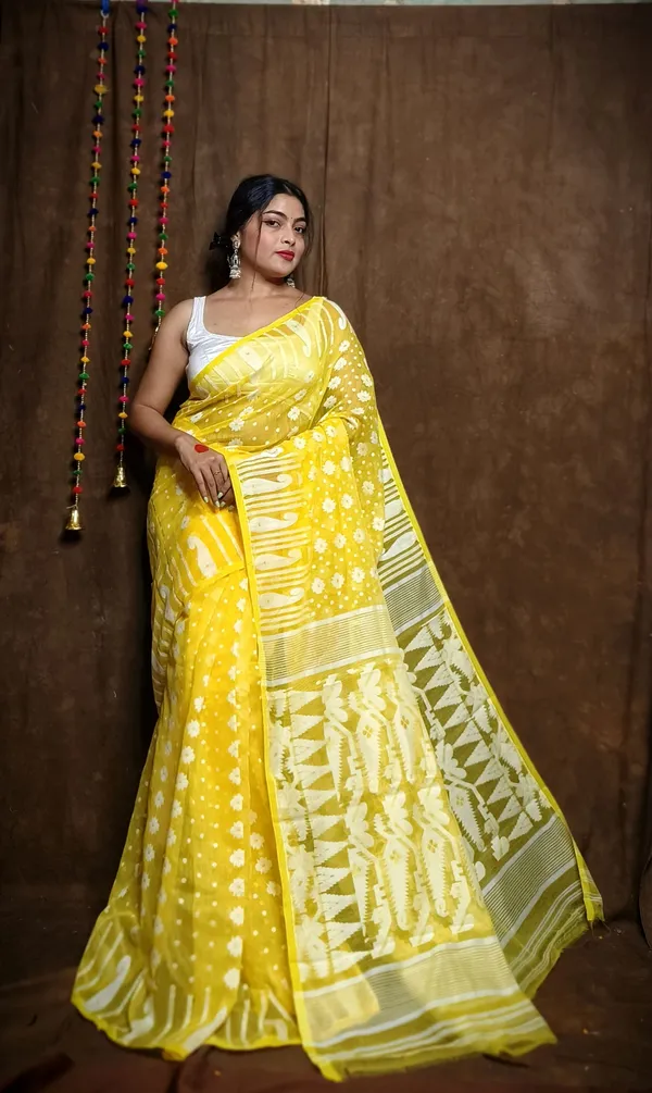 Yellow_Cotton_Linen_Jamdani_Self_Design_Saree_For_Women