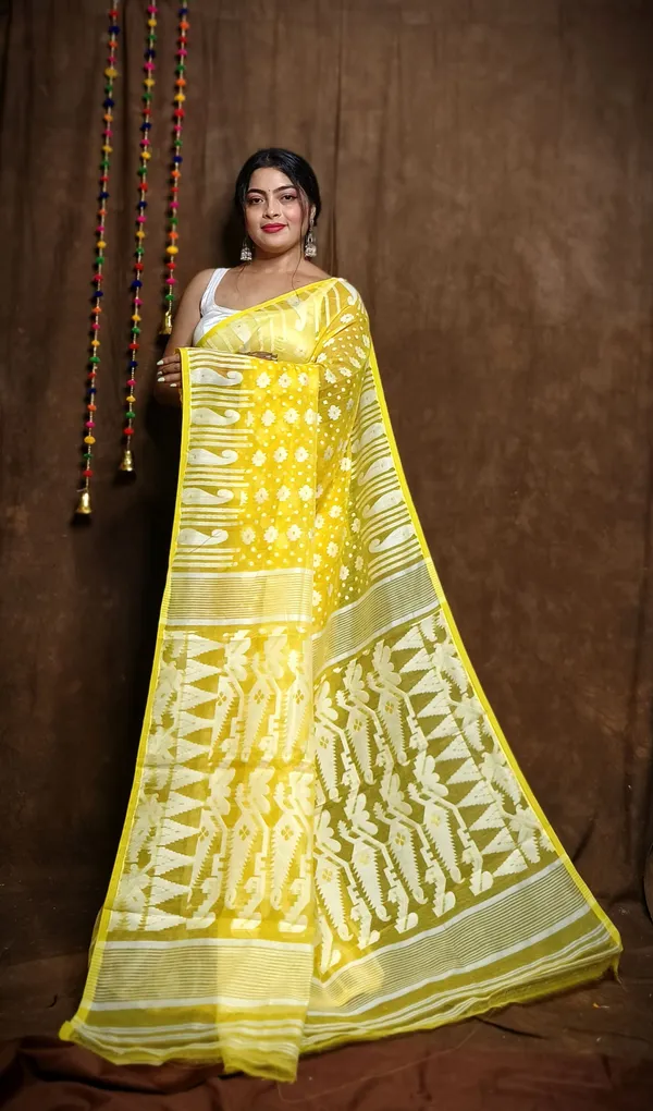 Yellow_Cotton_Linen_Jamdani_Self_Design_Saree_For_Women
