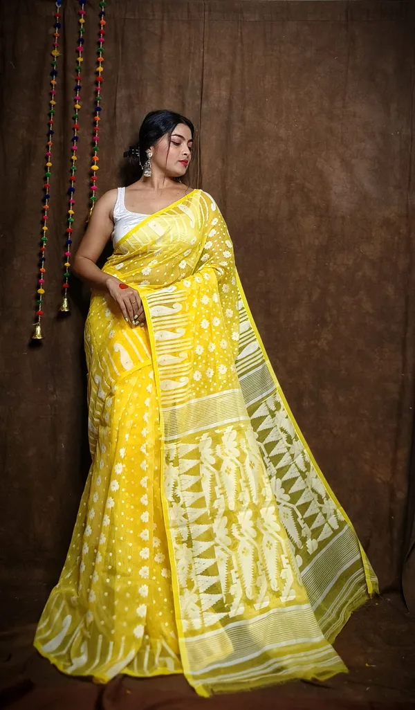 Yellow_Cotton_Linen_Jamdani_Self_Design_Saree_For_Women