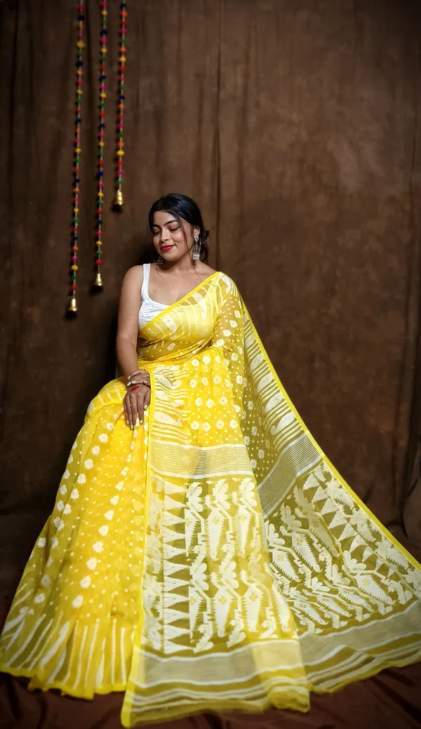 Yellow_Cotton_Linen_Jamdani_Self_Design_Saree_For_Women