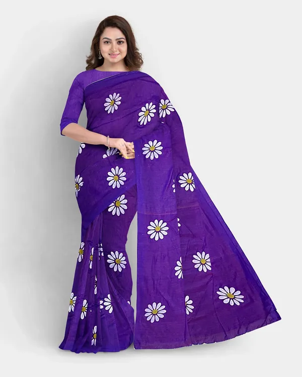 Purple_Pure_Cotton_Handloom_Floral_Print_Saree_For_Women