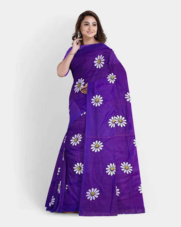 Purple_Pure_Cotton_Handloom_Floral_Print_Saree_For_Women