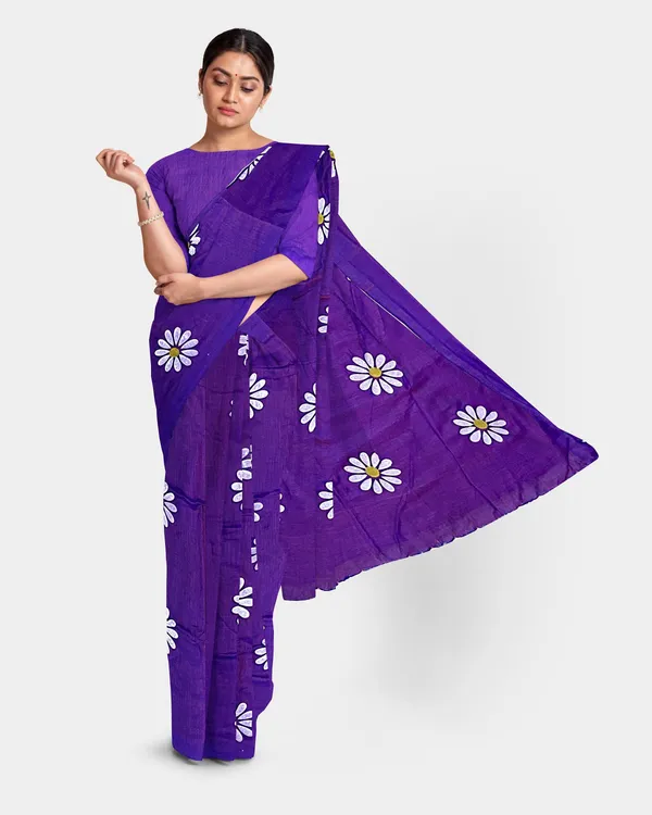 Purple_Pure_Cotton_Handloom_Floral_Print_Saree_For_Women