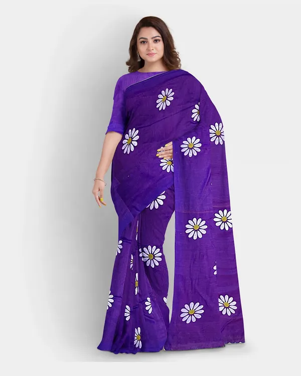 Purple_Pure_Cotton_Handloom_Floral_Print_Saree_For_Women
