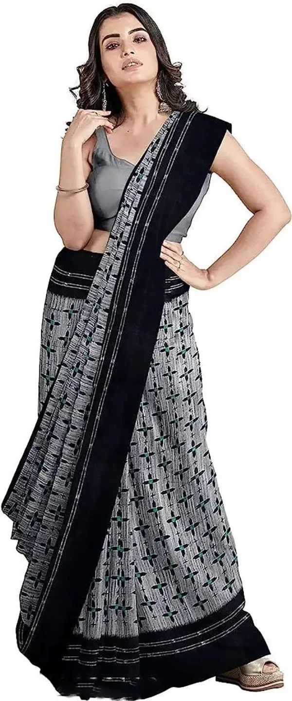 Grey_&_Black_Viscose_Rayon_Sambalpuri_Printed_Saree_For_Women