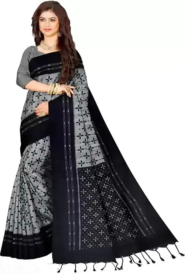 Grey_&_Black_Viscose_Rayon_Sambalpuri_Printed_Saree_For_Women