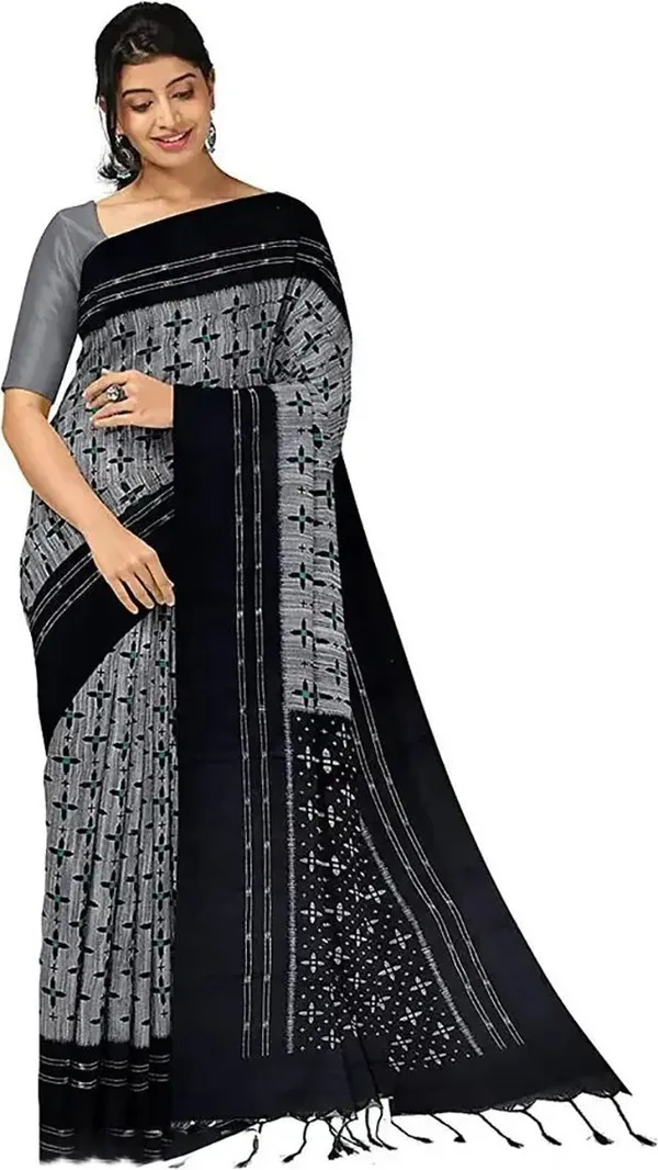 Grey_&_Black_Viscose_Rayon_Sambalpuri_Printed_Saree_For_Women