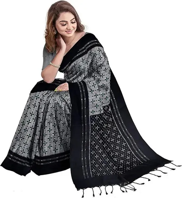 Grey_&_Black_Viscose_Rayon_Sambalpuri_Printed_Saree_For_Women