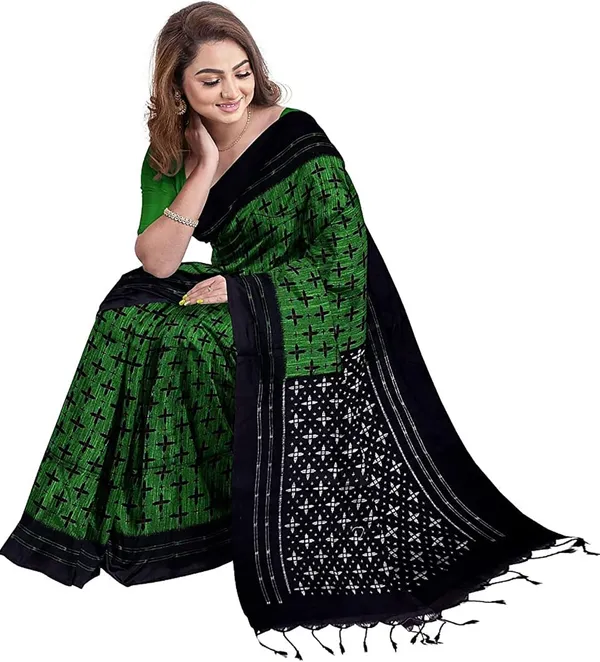 Green_&_Black_Viscose_Rayon_Sambalpuri_Printed_Saree_For_Women