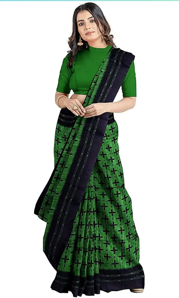 Green_&_Black_Viscose_Rayon_Sambalpuri_Printed_Saree_For_Women