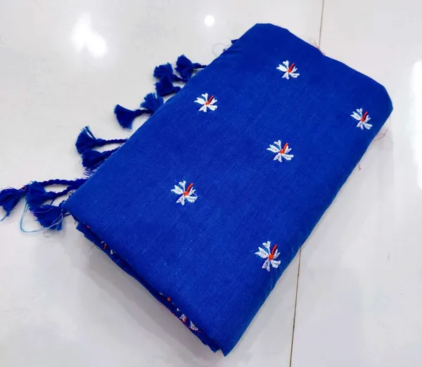 Blue_Pure_Cotton_Handloom_Floral_Embroidery_Saree_For_Women