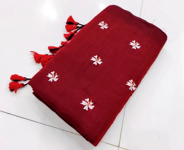 Maroon_Pure_Cotton_Handloom_Floral_Embroidery_Saree_For_Women