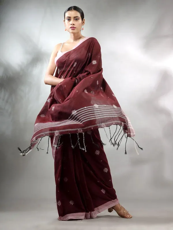 Dark_Maroon_Pure_Cotton_Handloom_Woven_Saree_For_Women