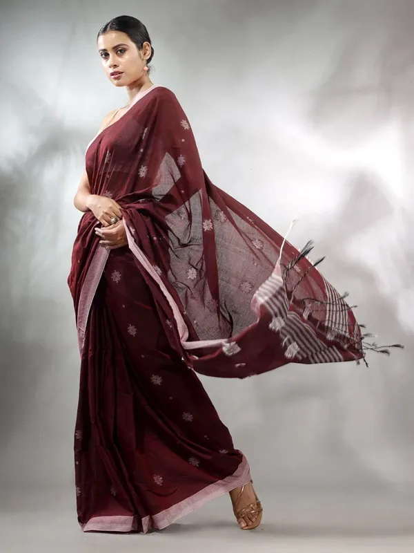 Dark_Maroon_Pure_Cotton_Handloom_Woven_Saree_For_Women