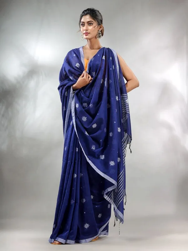 Navy_Blue_Pure_Cotton_Handloom_Woven_Saree_For_Women