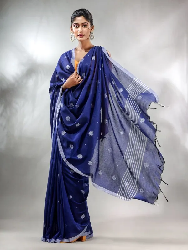 Navy_Blue_Pure_Cotton_Handloom_Woven_Saree_For_Women